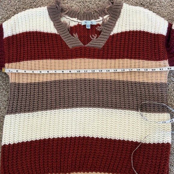 She + Sky Distressed Knit Striped Sweater One Size – Cozy Fall Boho - Picture 5 of 6
